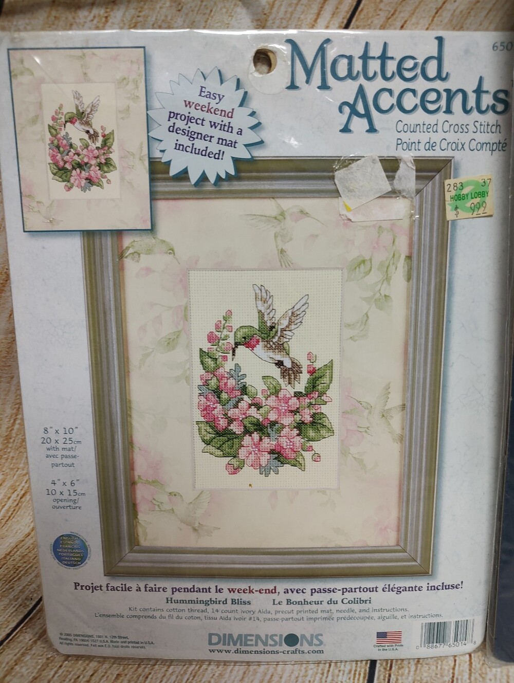 Vintage Hummingbird and Pink Flowers, Counted Cross Stitch Kit Mat